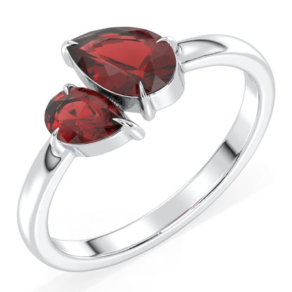 Classic Two Stone Pear Shaped Red Garnet Ring - White