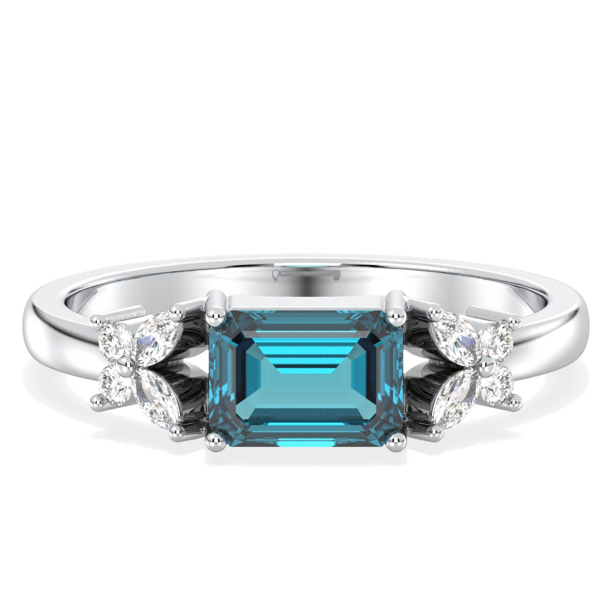 A Masterpiece Reborn Floral Moissanite Ring With London Blue Topaz -White