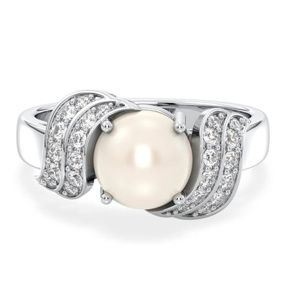 Freshwater Pearl and Moissanite Swirl Ring-White