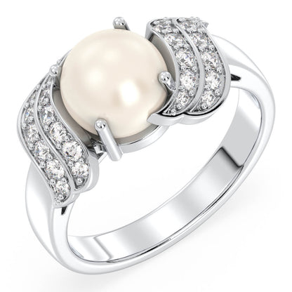 Freshwater Pearl and Moissanite Swirl Ring-White