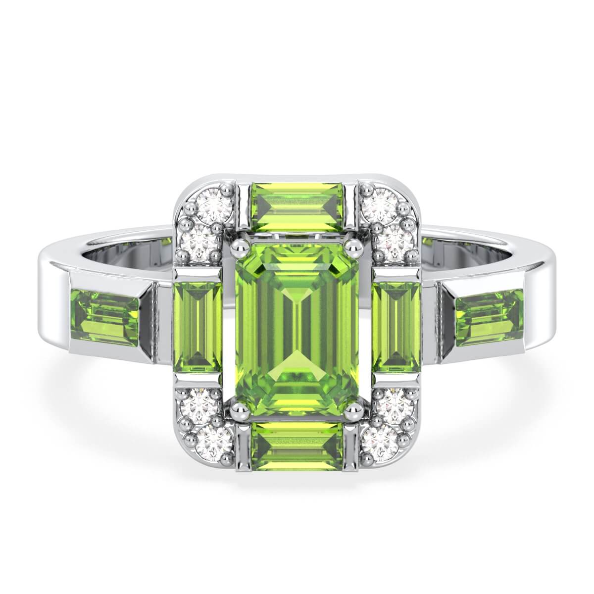 Emerald-Cut Peridot Ring with Moissanite Accents-White