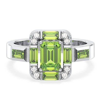 Emerald-Cut Peridot Ring with Moissanite Accents-White