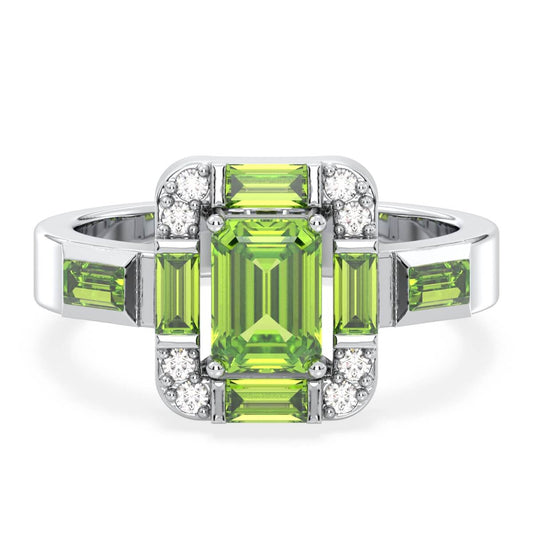 Emerald-Cut Peridot Ring with Moissanite Accents-White