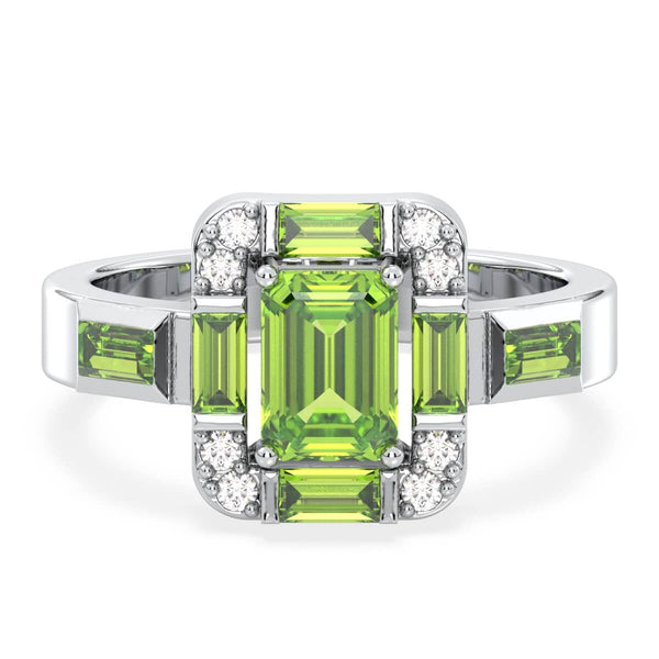 Emerald-Cut Peridot Ring with Moissanite Accents-White