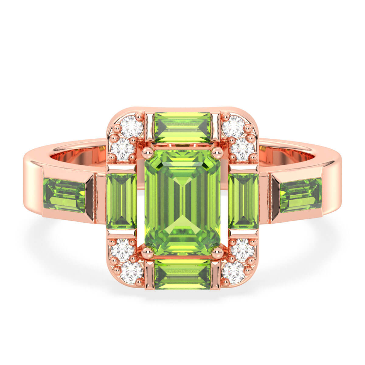 Emerald-Cut Peridot Ring with Moissanite Accents-Rose