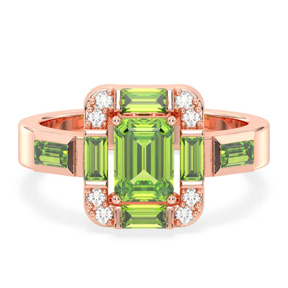 Emerald-Cut Peridot Ring with Moissanite Accents-Rose