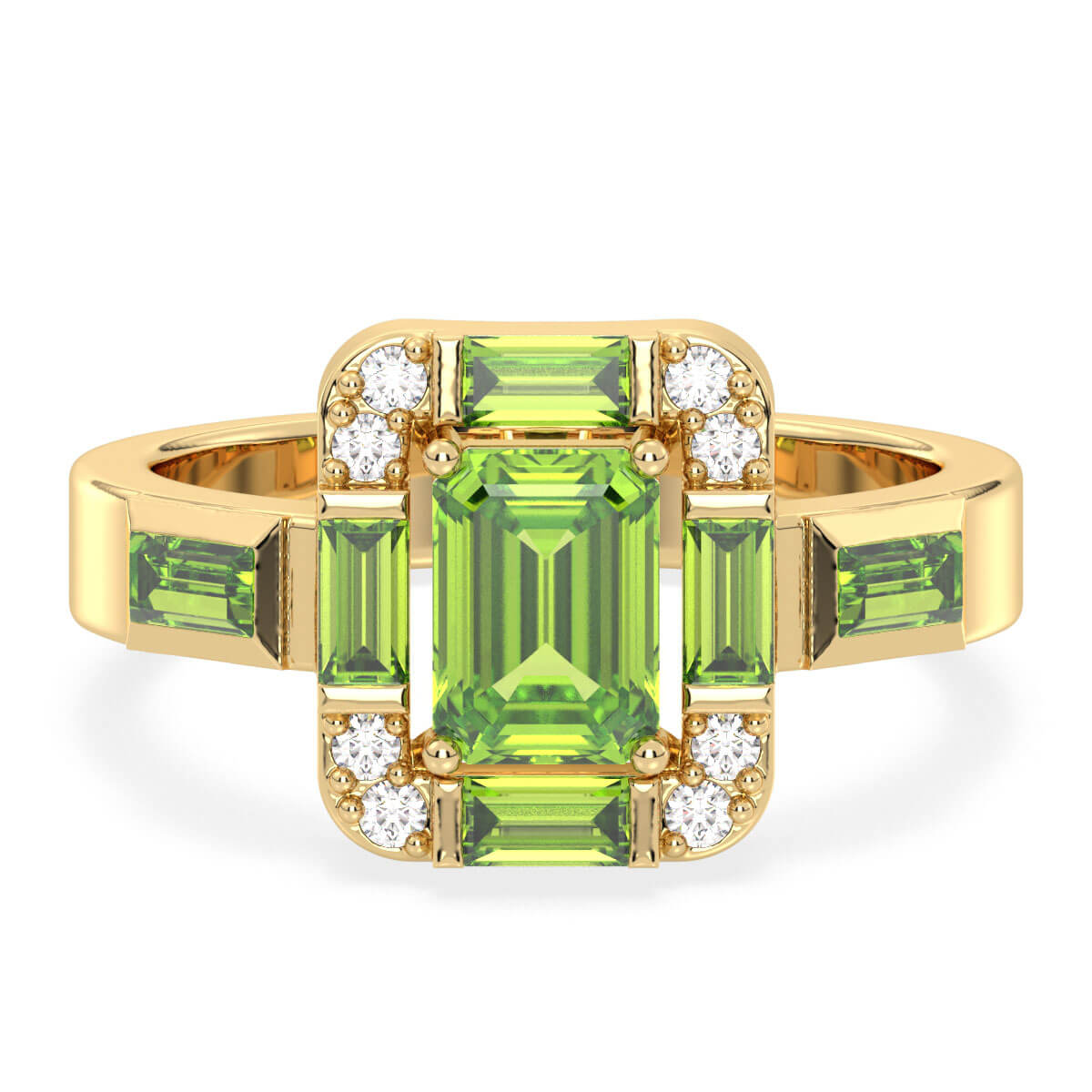 Emerald-Cut Peridot Ring with Moissanite Accents-Yellow