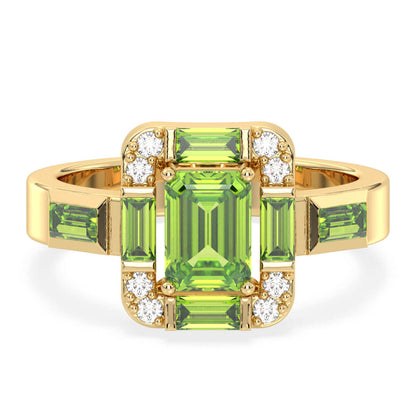 Emerald-Cut Peridot Ring with Moissanite Accents-Yellow