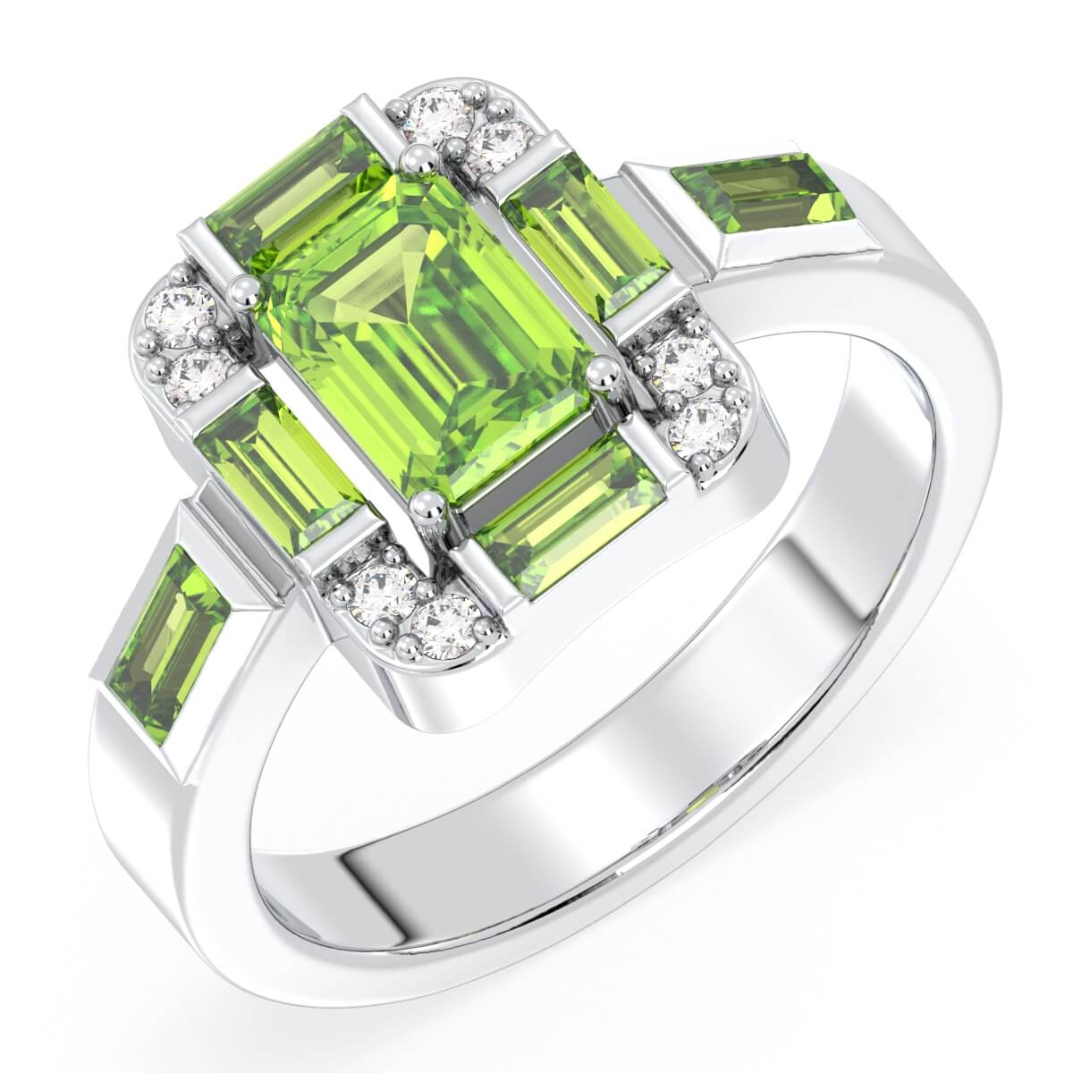 Emerald-Cut Peridot Ring with Moissanite Accents-White