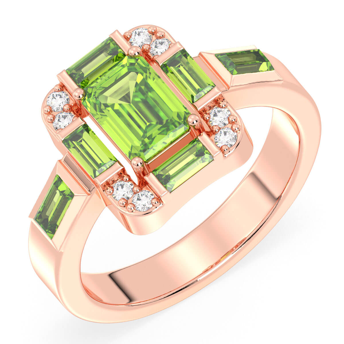 Emerald-Cut Peridot Ring with Moissanite Accents-Rose