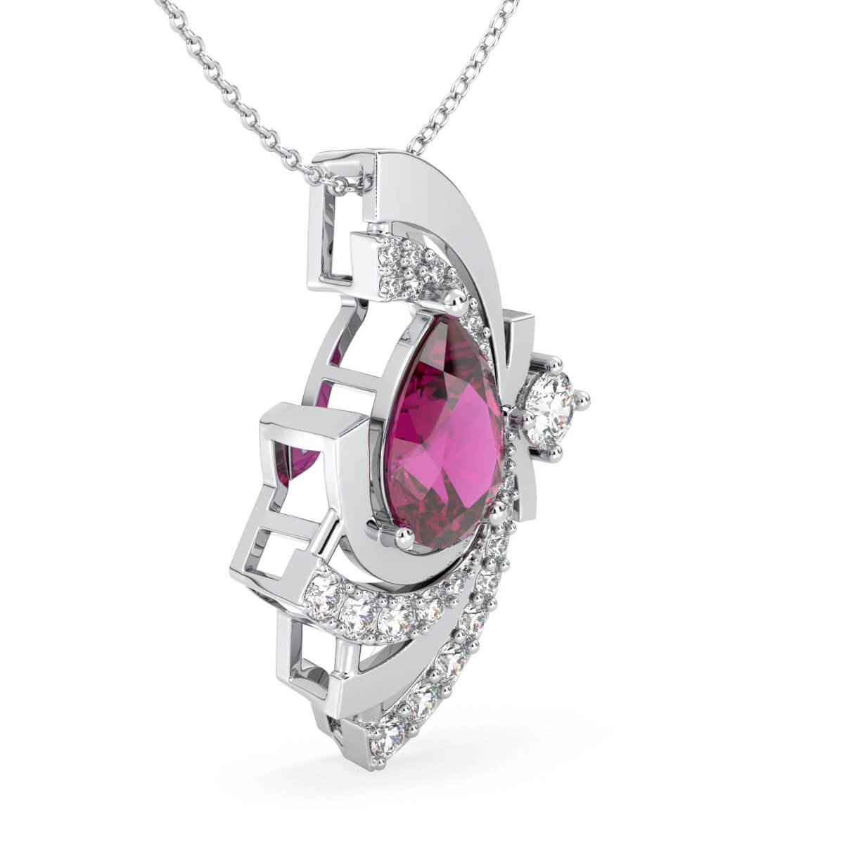 Pink Topaz Pear with Encrusted Moissanite Pendant - White