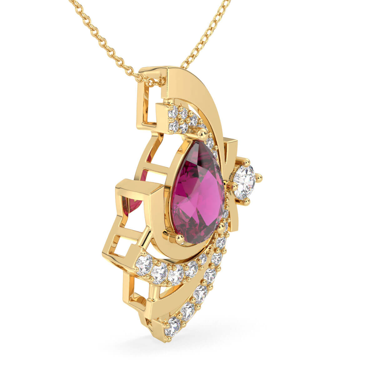 Pink Topaz Pear with Encrusted Moissanite Pendant - Yellow