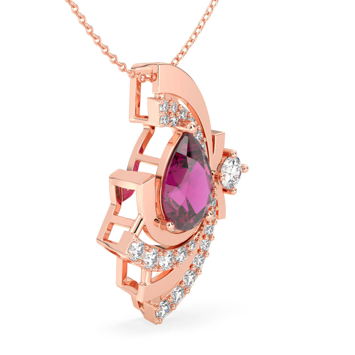 Pink Topaz Pear with Encrusted Moissanite Pendant - Rose