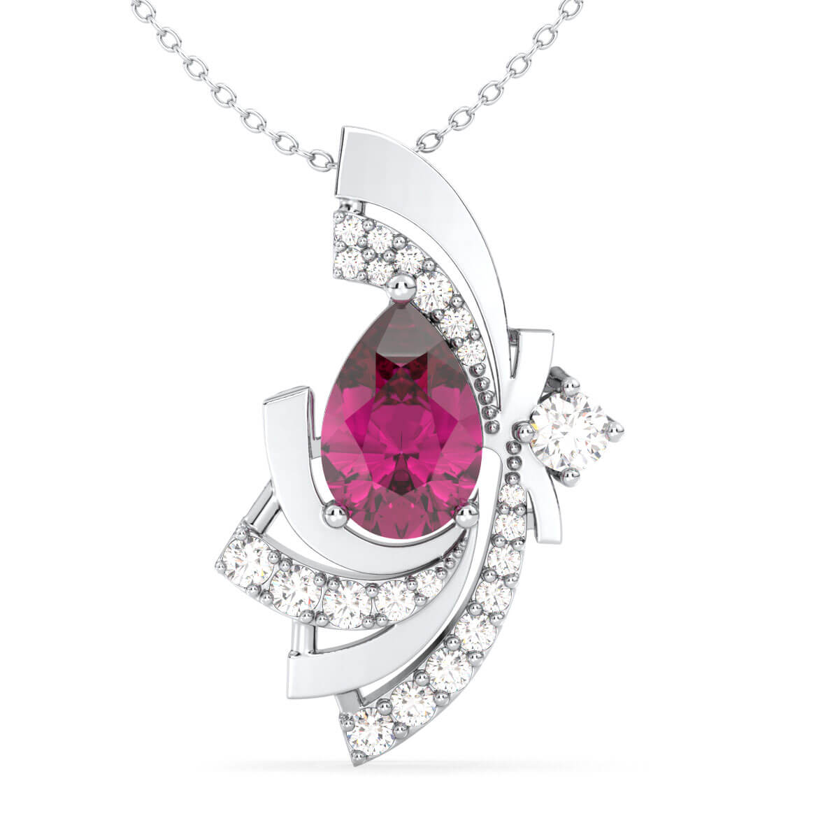 Pink Topaz Pear with Encrusted Moissanite Pendant - White