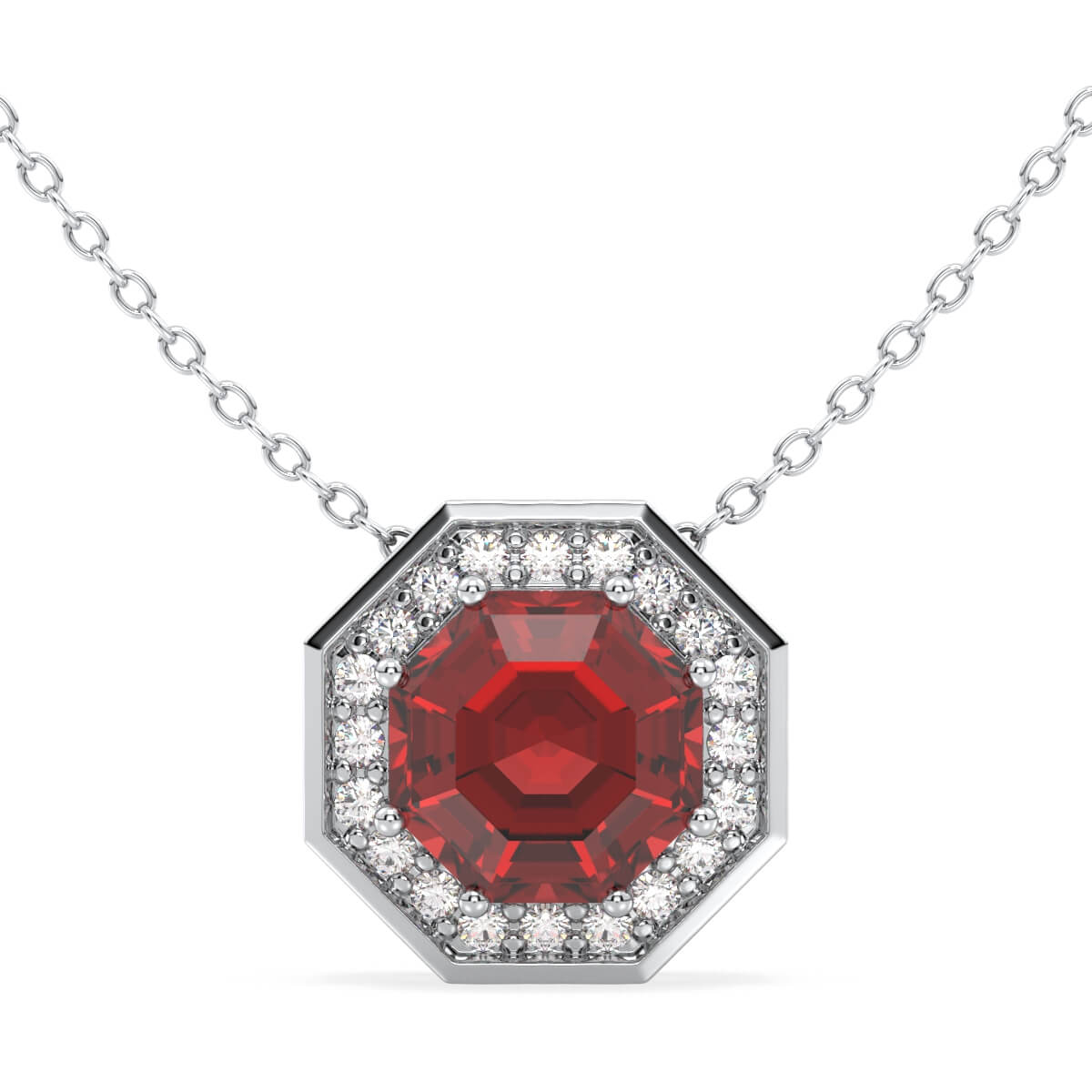  Classic Hexagonal Red Garnet and Moissanite Pendant-White