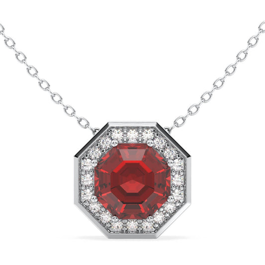  Classic Hexagonal Red Garnet and Moissanite Pendant-White