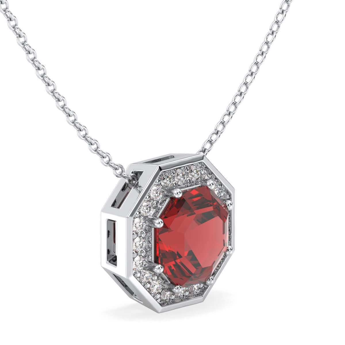  Classic Hexagonal Red Garnet and Moissanite Pendant-White