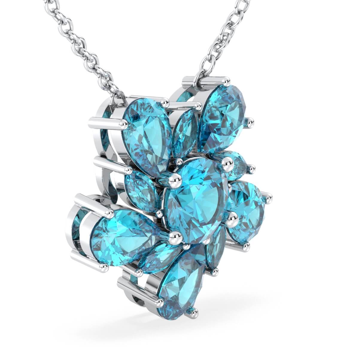 Pear Shaped Swiss Blue Topaz Flower Pendant-White