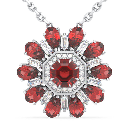 Red Garnet Flower Pendant-White