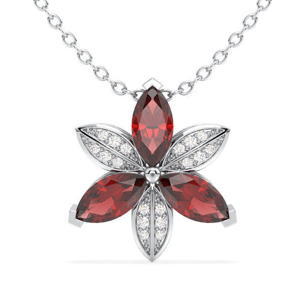 Red Garnet with Moissanite Trillium Flower Pendant-White