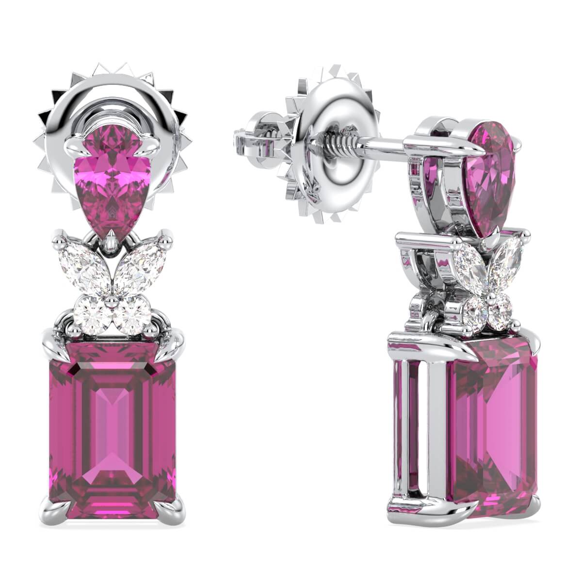 Pink Topaz Drop Earring with Butterfly Motif-White