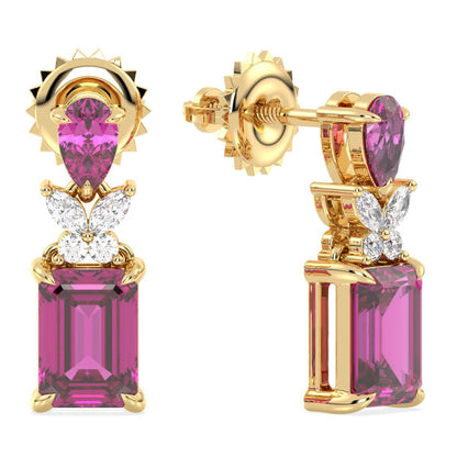 Pink Topaz Drop Earring with Butterfly Motif-Yellow