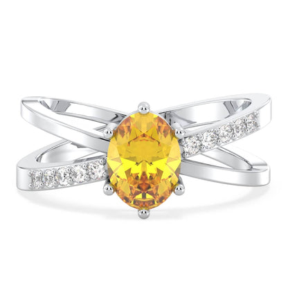 Moissanite dazzling fire Cross-over Citrine Ring - White