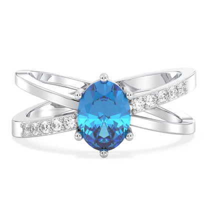 Moissanite dazzling fire Cross-over Swiss Blue Topaz Ring - White