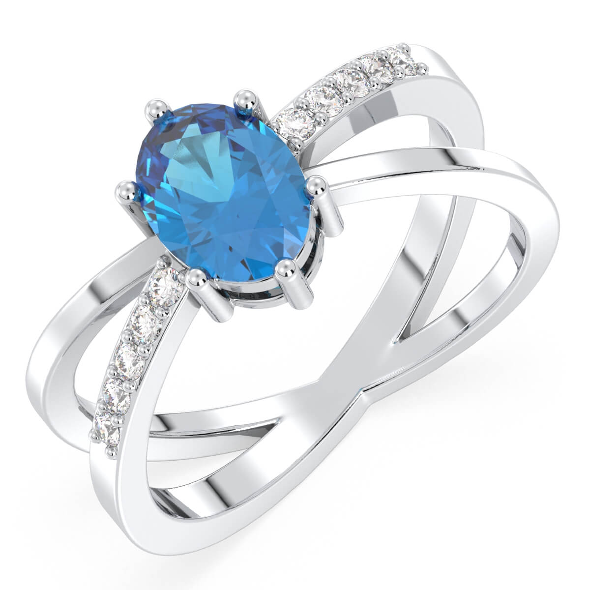 Moissanite dazzling fire Cross-over Swiss Blue Topaz Ring - White