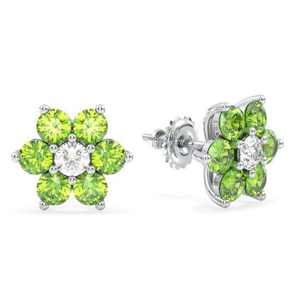 Pear Shaped Flower Stud Earrings With Peridot - White