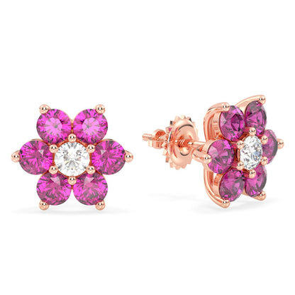 Pear Shaped Flower Stud Earrings With Pink Topaz - Rose