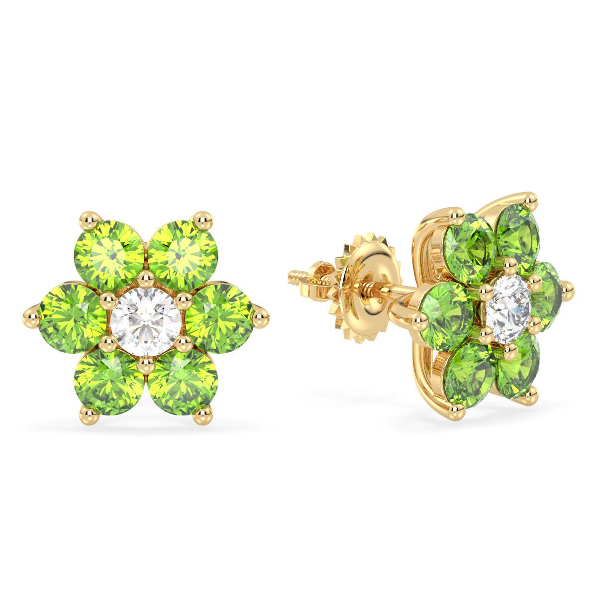 Pear Shaped Flower Stud Earrings With Peridot - Yellow