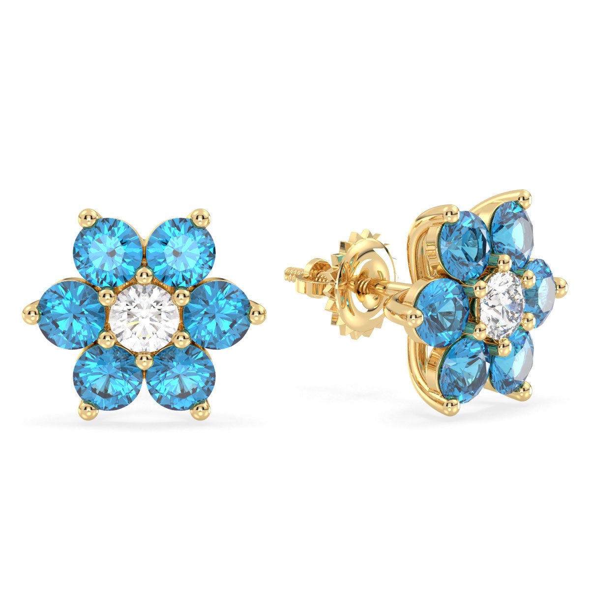 Pear Shaped Flower Stud Earrings With Swiss Blue Topaz - Yellow