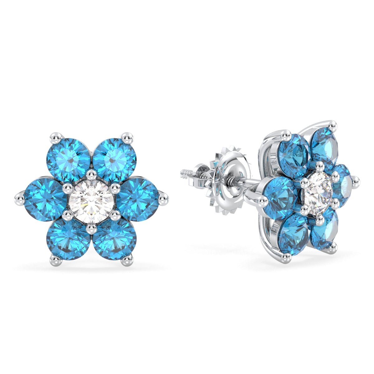 Pear Shaped Flower Stud Earrings With Swiss Blue Topaz - White