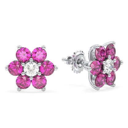 Pear Shaped Flower Stud Earrings With Pink Topaz - White