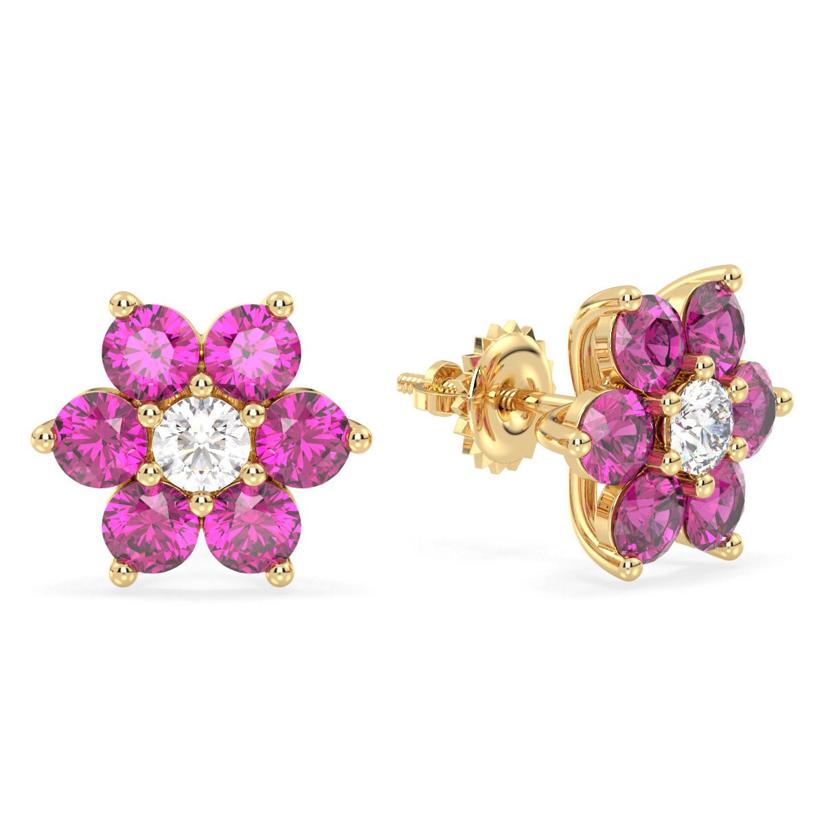 Pear Shaped Flower Stud Earrings With Pink Topaz - Yellow