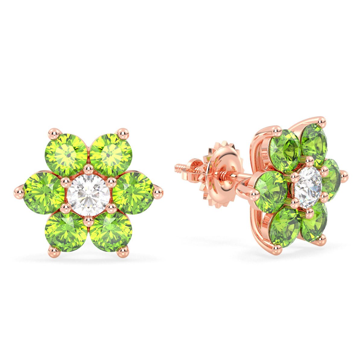 Pear Shaped Flower Stud Earrings With Peridot - Rose