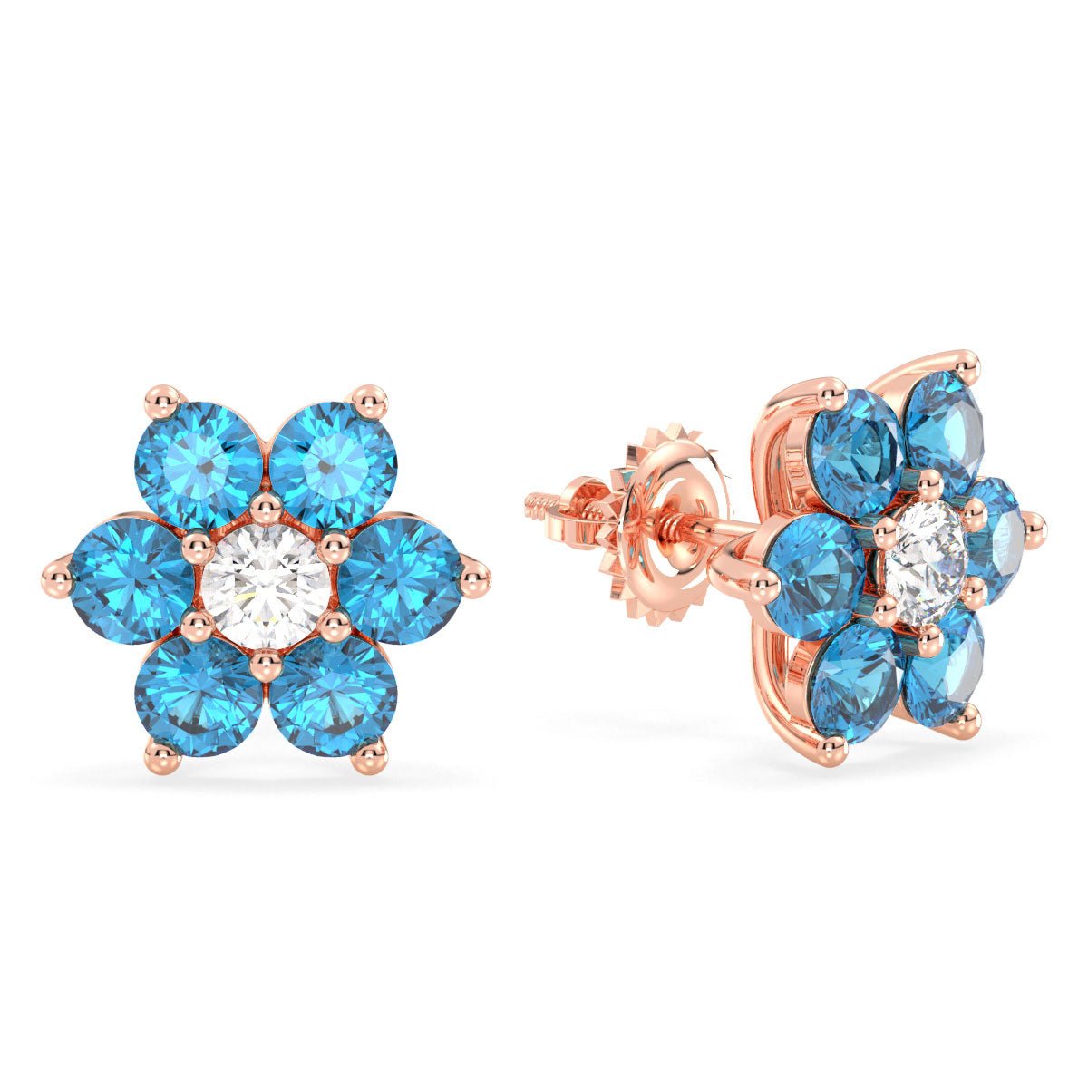 Pear Shaped Flower Stud Earrings With Swiss Blue Topaz - Rose