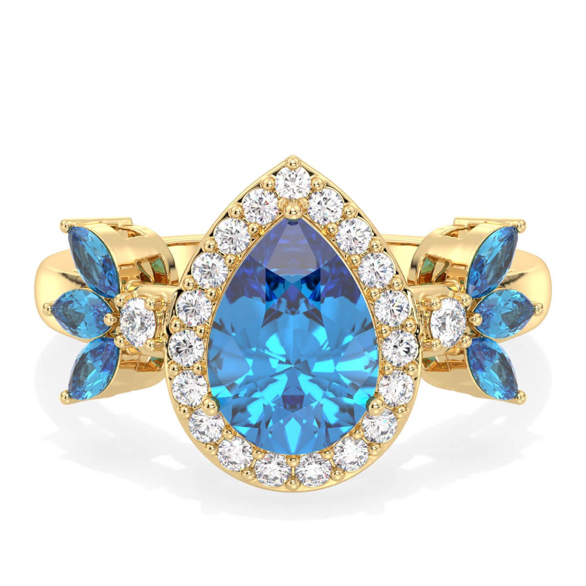 Pear Shaped Swiss Blue Topaz Halo Ring - Yellow