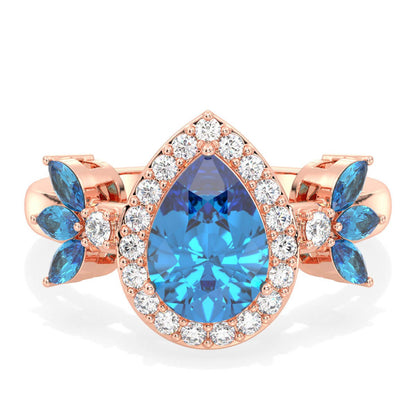 Pear Shaped Swiss Blue Topaz Halo Ring - Rose