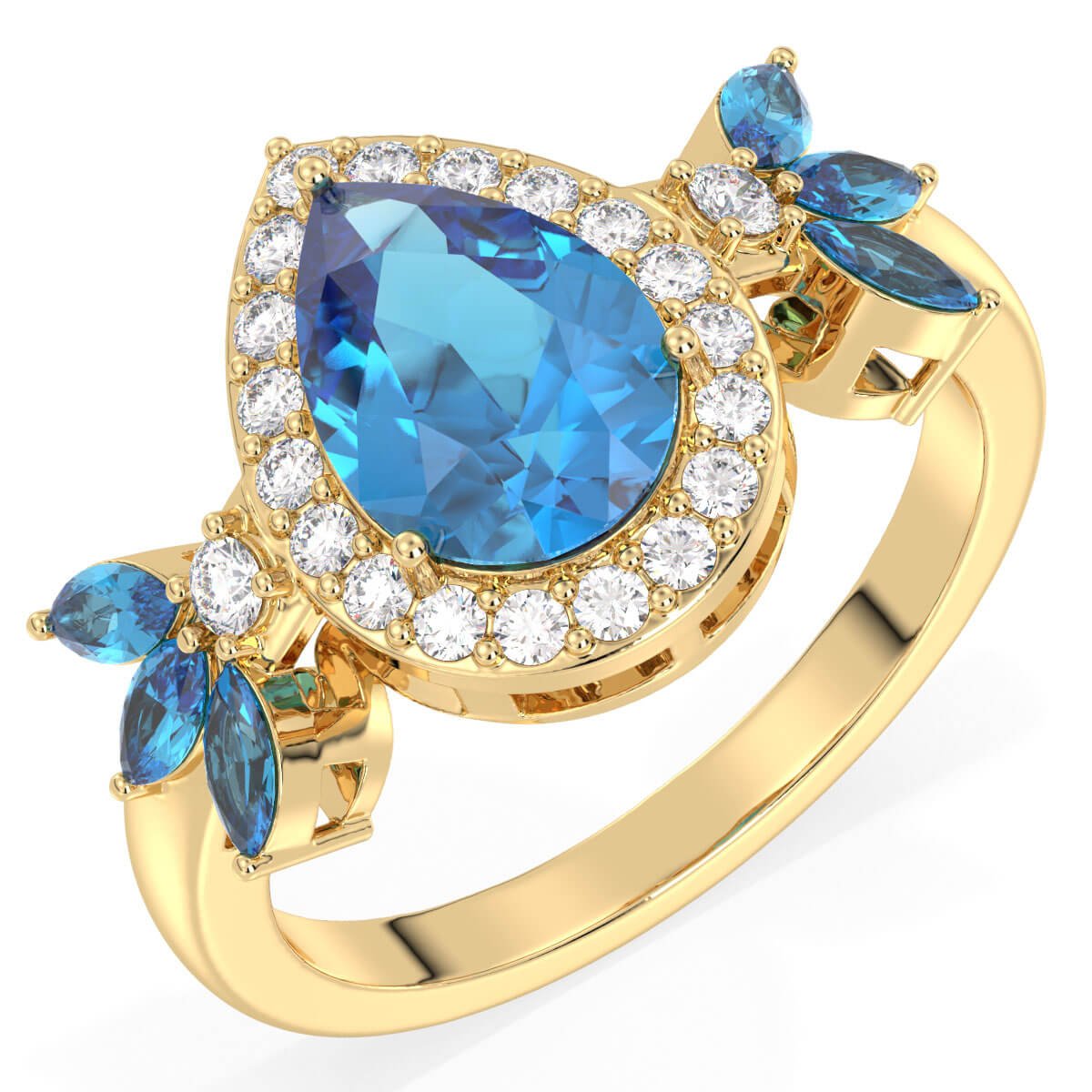 Pear Shaped Swiss Blue Topaz Halo Ring - Yellow