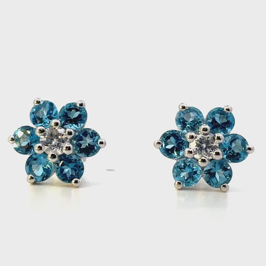 Pear Shaped Flower Stud Earrings With Swiss Blue Topaz - White