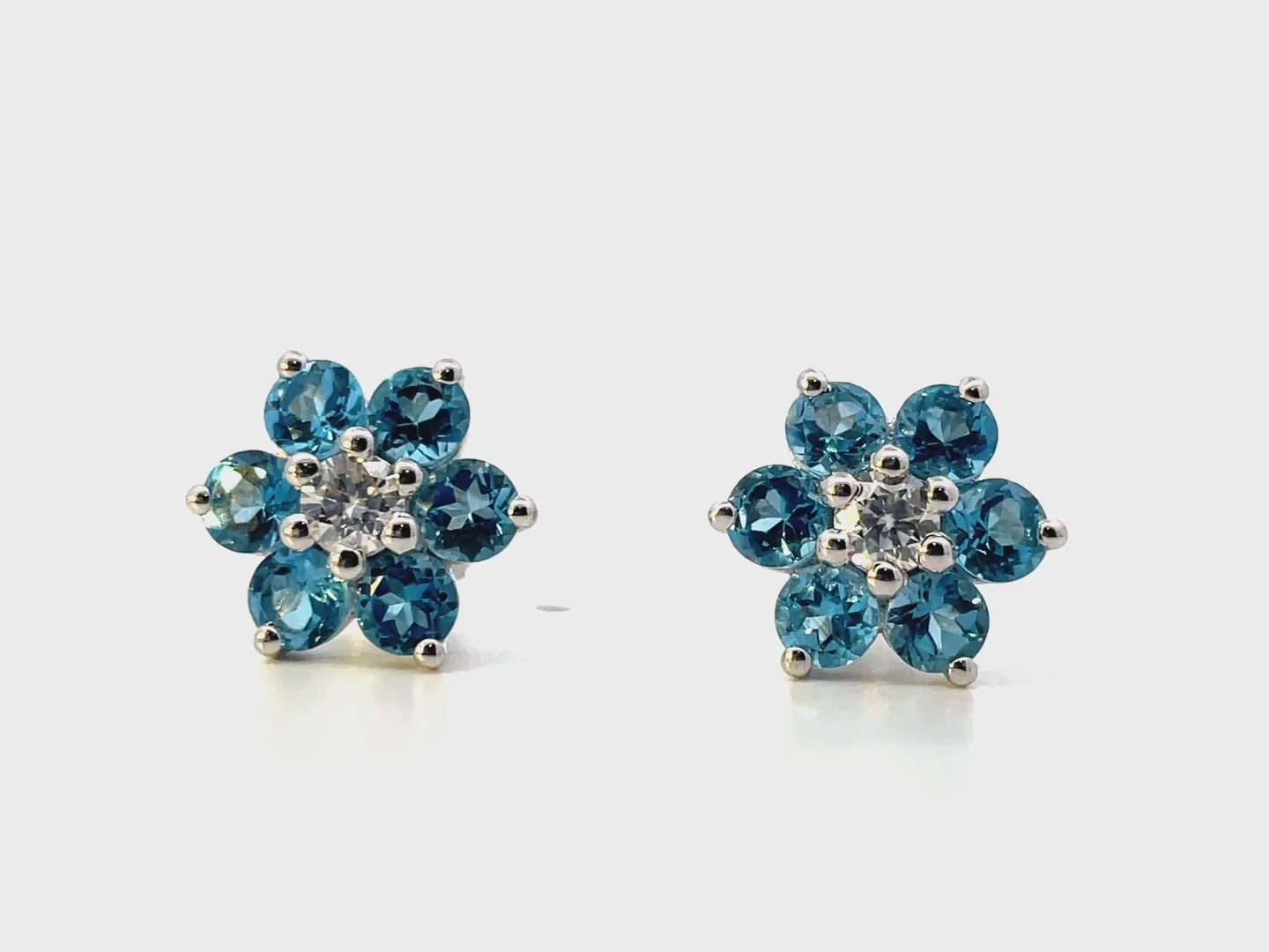 Pear Shaped Flower Stud Earrings With Swiss Blue Topaz - White