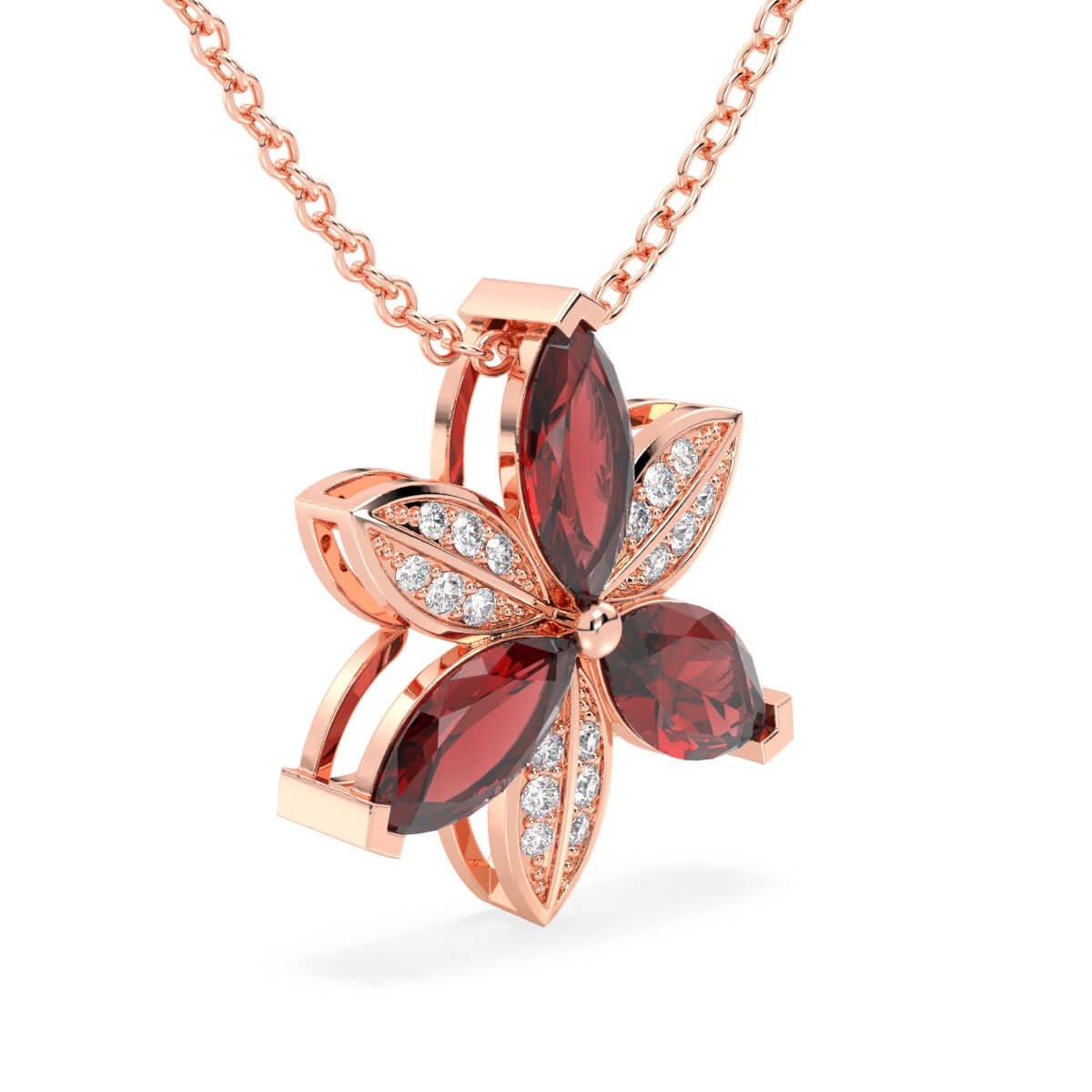 Red Garnet with Moissanite Trillium Flower Pendant-Rose