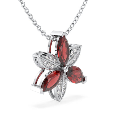 Red Garnet with Moissanite Trillium Flower Pendant-White