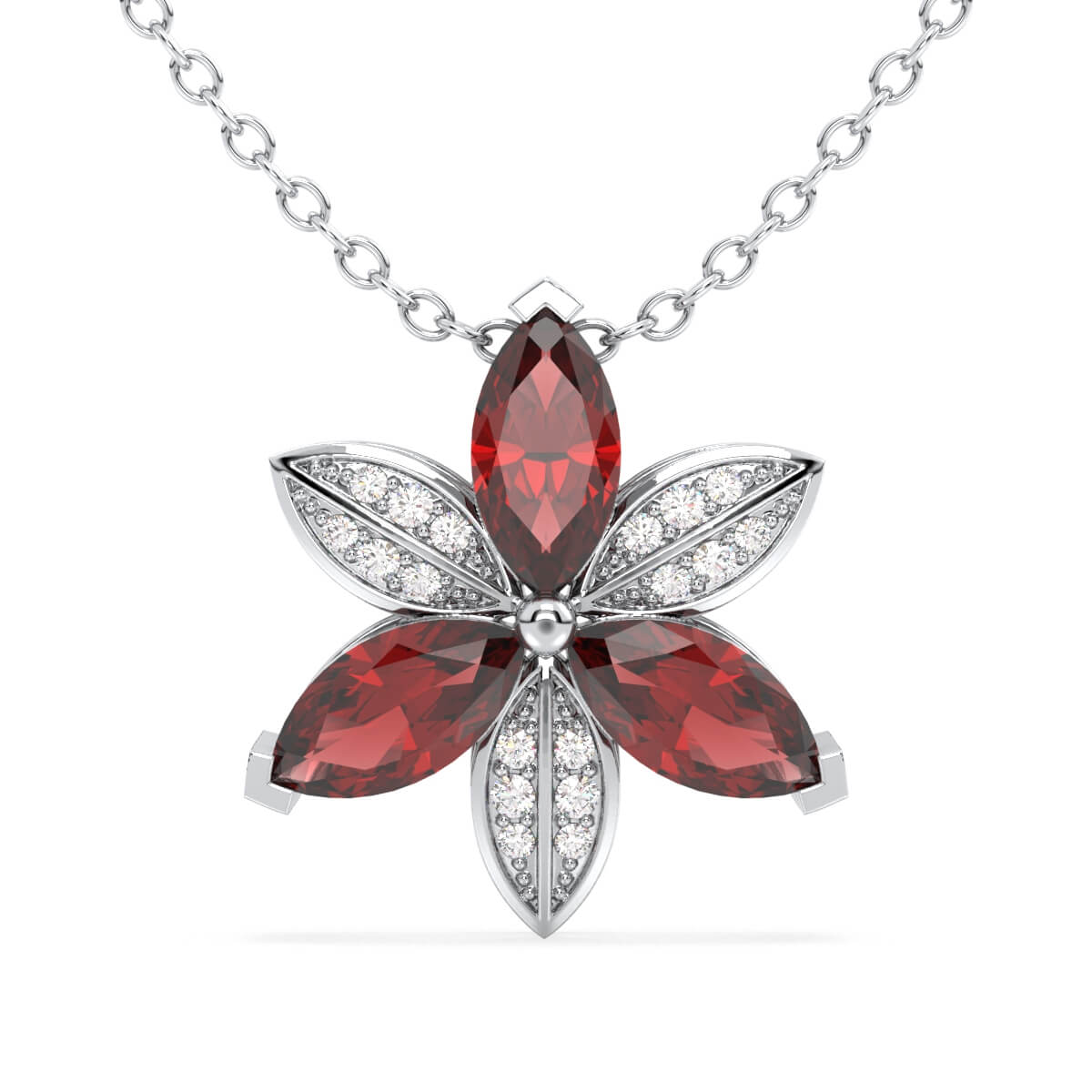 Red Garnet with Moissanite Trillium Flower Pendant-White