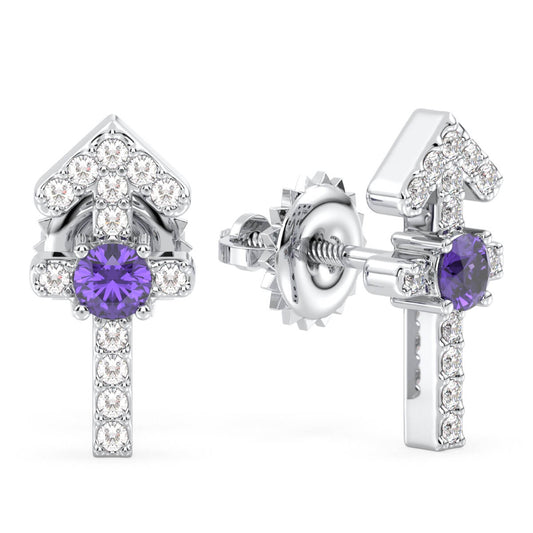 Sagittarius Zodiac Sign Amethyst Stud Earrings - White