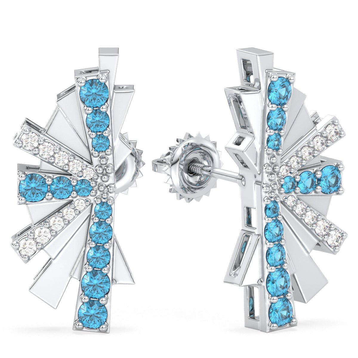 Swiss Blue Topaz Statement Split Moissanite Earrings- White