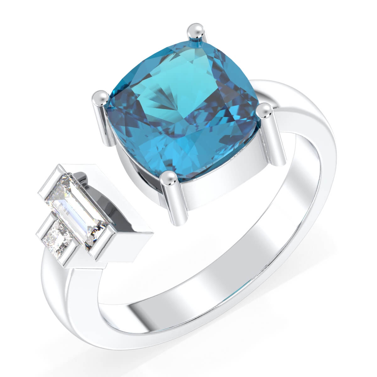 Two Stone Swiss Blue Topaz Open Ring - White