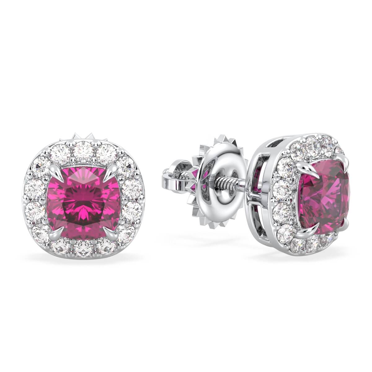 Vintage Style Cushion Pink Topaz Stud Earrings- White